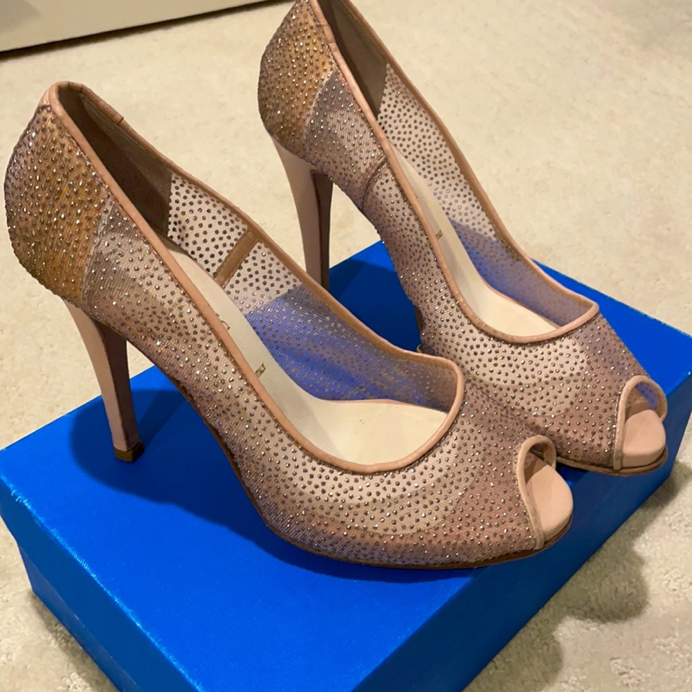 Anthropologie Something Blue Bridal Nude Sparkly Heels Size 7-7.5